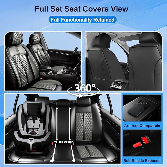 Fit CRV Car Seat Covers for Select Honda CR-V 2011-2026 - Premium Full Coverage Leather, Airbag Compatible, Waterproof & All Weather Seat Protector, Airbag Compatible, Full Set, Black+Gray