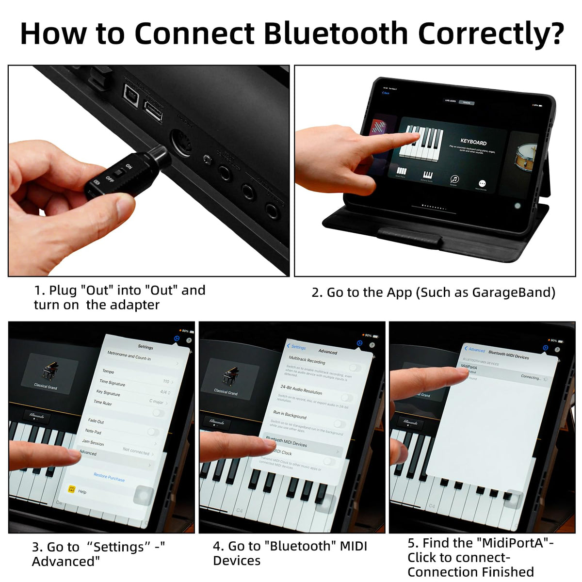 LEKATO Wireless MIDI Adapter, Bluetooth MIDI Adapter 5-PIN DIN with USB, Low Latency Rechargeable for Synthesizer, Digital Piano Keyboard to Mac OS/iOS/Windows