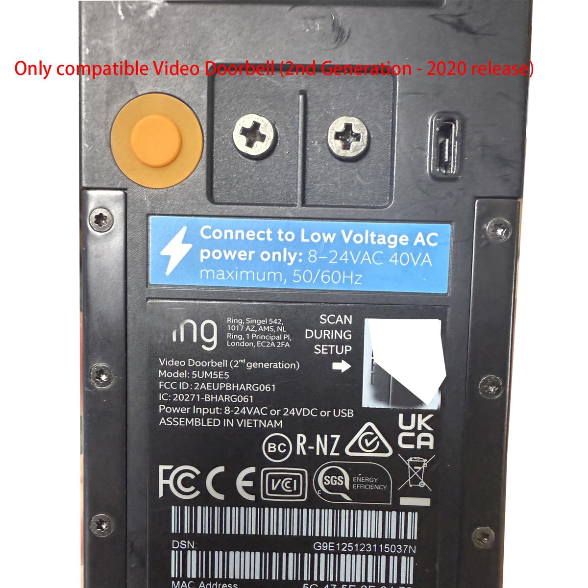 5W Solar Charge Compatible with Ring for Video Doorbell (2nd Generation - 2020 Release) （White）