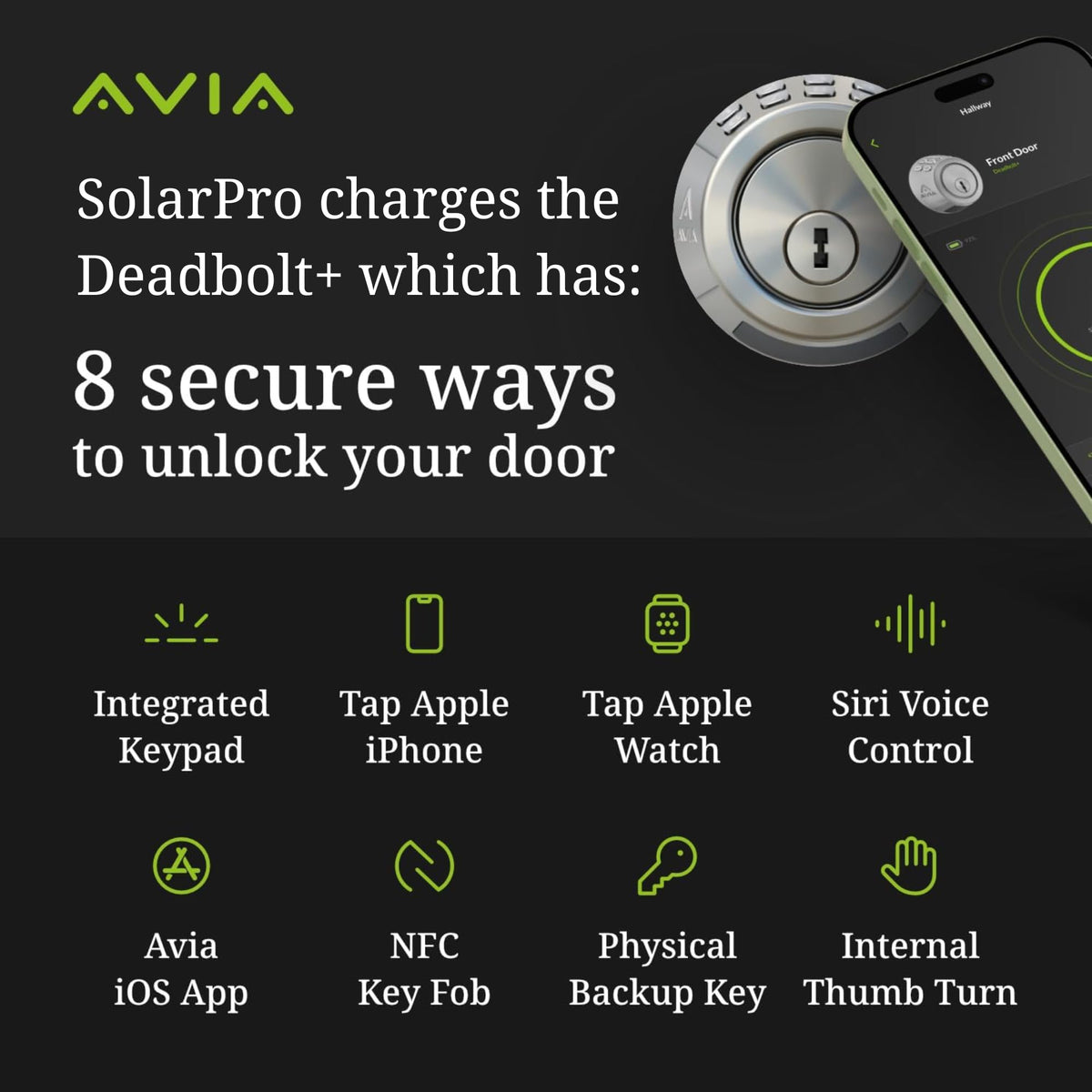 Avia Smart SolarPro. Solar Panel to Recharge The Avia Deadbolt+ Smart Lock. in Good Sunlight, Helps Maintain Battery Life for Up to 5 Years*.