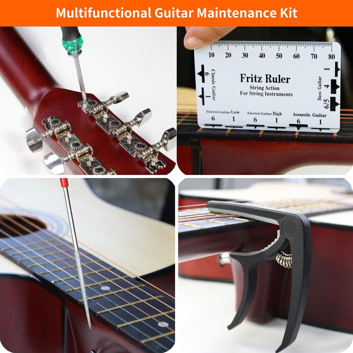 106Pcs Guitar Tool Kit, Guitar Accessories Guitar Maintenance Kit, Guitar Repair Kit with Capo Guitar Strings Picks Bridge Pins Gauge, TIMDAM Guitar Setup Kit for Ukulele Bass Mandolin Banjo Guitar