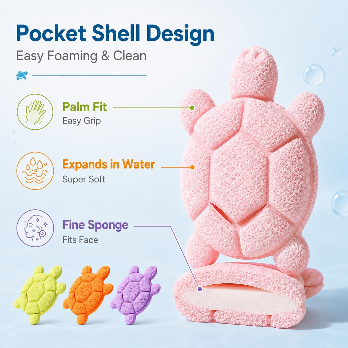 Coieaa Cute Turtle Facial Sponge, Soft Reusable Face Scrubber Exfoliator, Gentle Makeup Remover & Daily Cleansing Sponge, Ideal for Sensitive Skin (6, Pink & Purple)