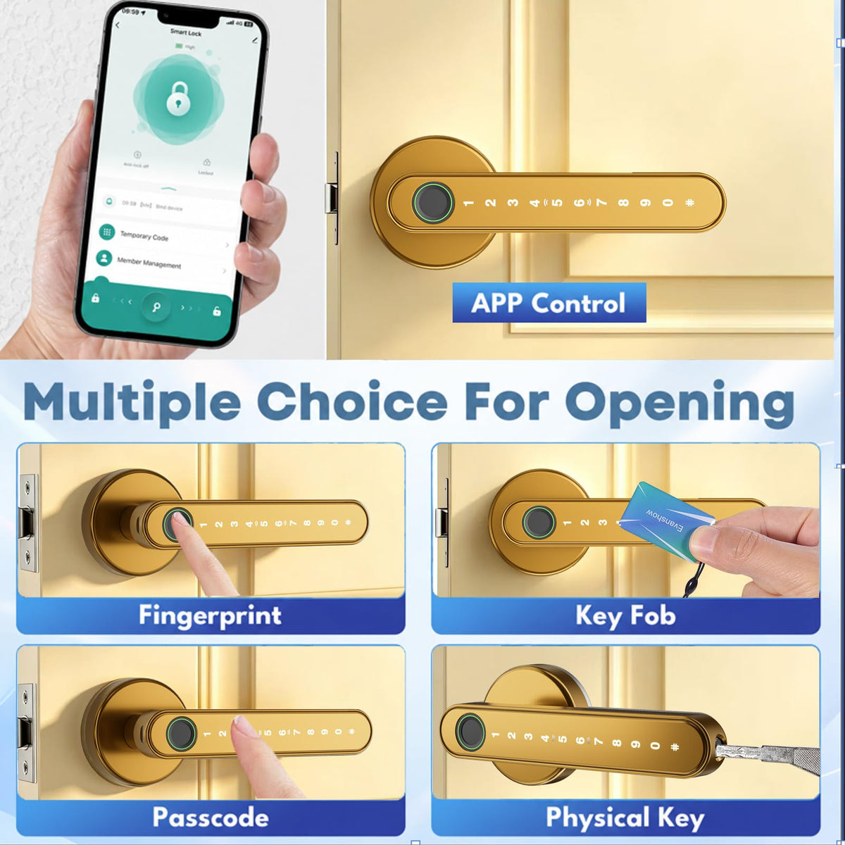 Smart Fingerprint Door Lock Keyless Entry Door Lock for Front Door -Gold