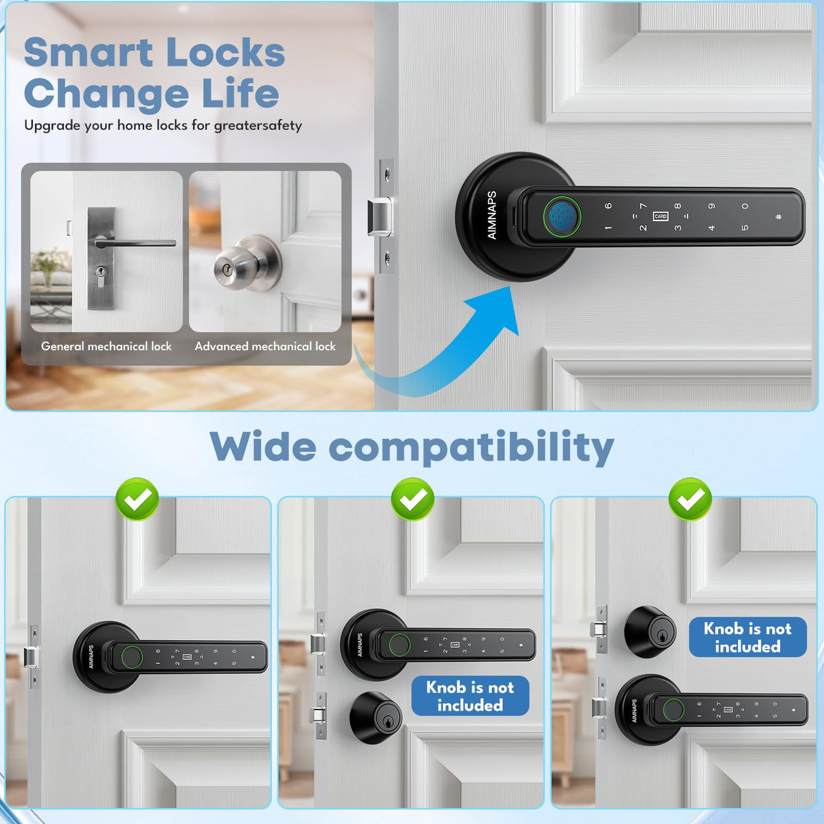 AIMNAPS Smart Fingerprint Door Lock, Door Locks for Bedroom, Keyless Entry Door Knob (Fingerprint/Code/Key) Auto Lock for Apartment, Office-Black