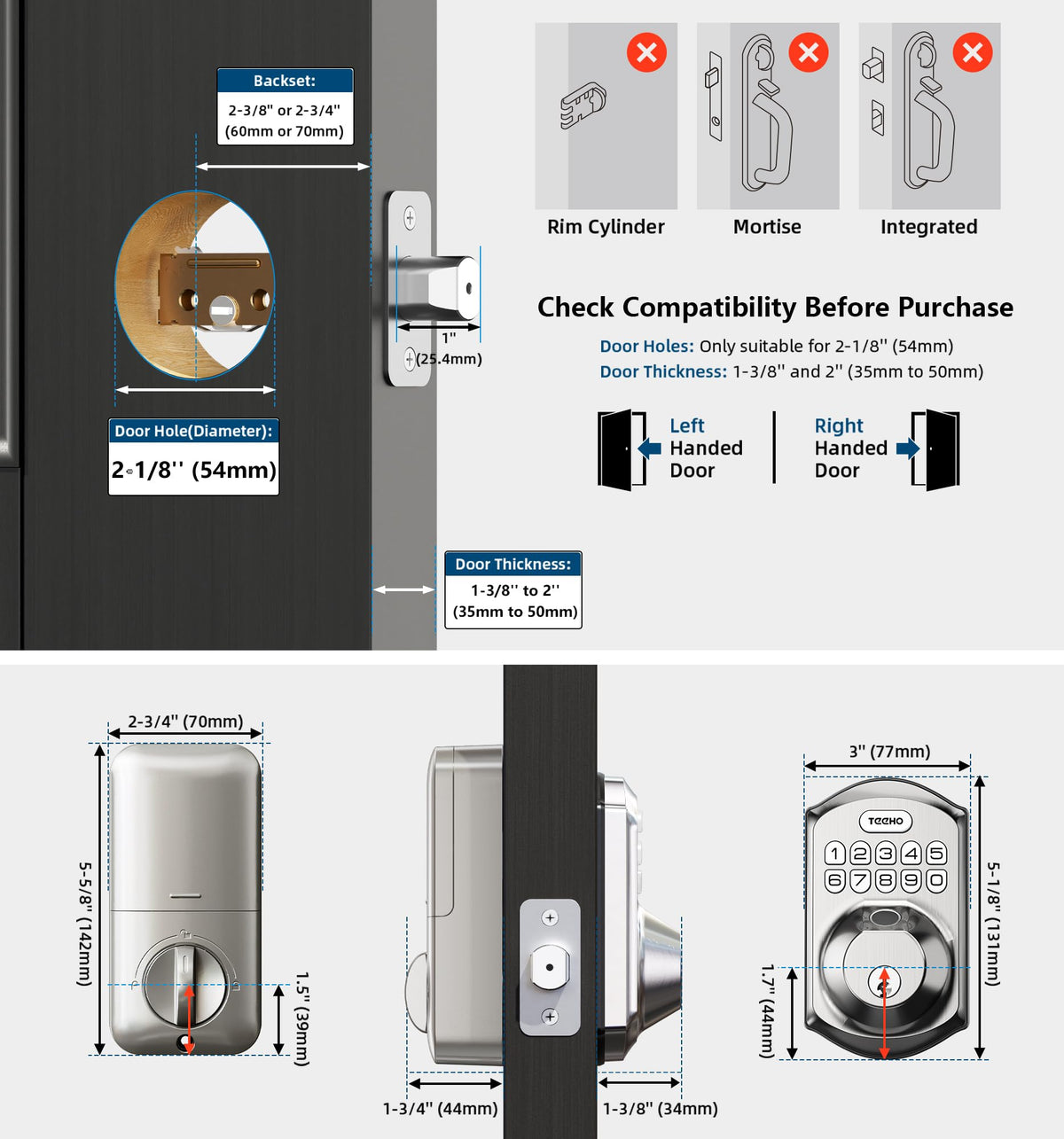 TEEHO TE002 Fingerprint Deadbolt with Keypad for Front Door, Satin Nickel