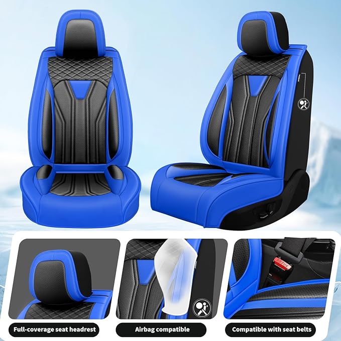 Fit Frontier Car Seat Covers Premium Leather for Nissan Frontier 2009-2025 2026. Waterproof， Breathable, Scratch-Resistant & All-Weather Seat Cushion Protector（Front Seat,Blue&Black