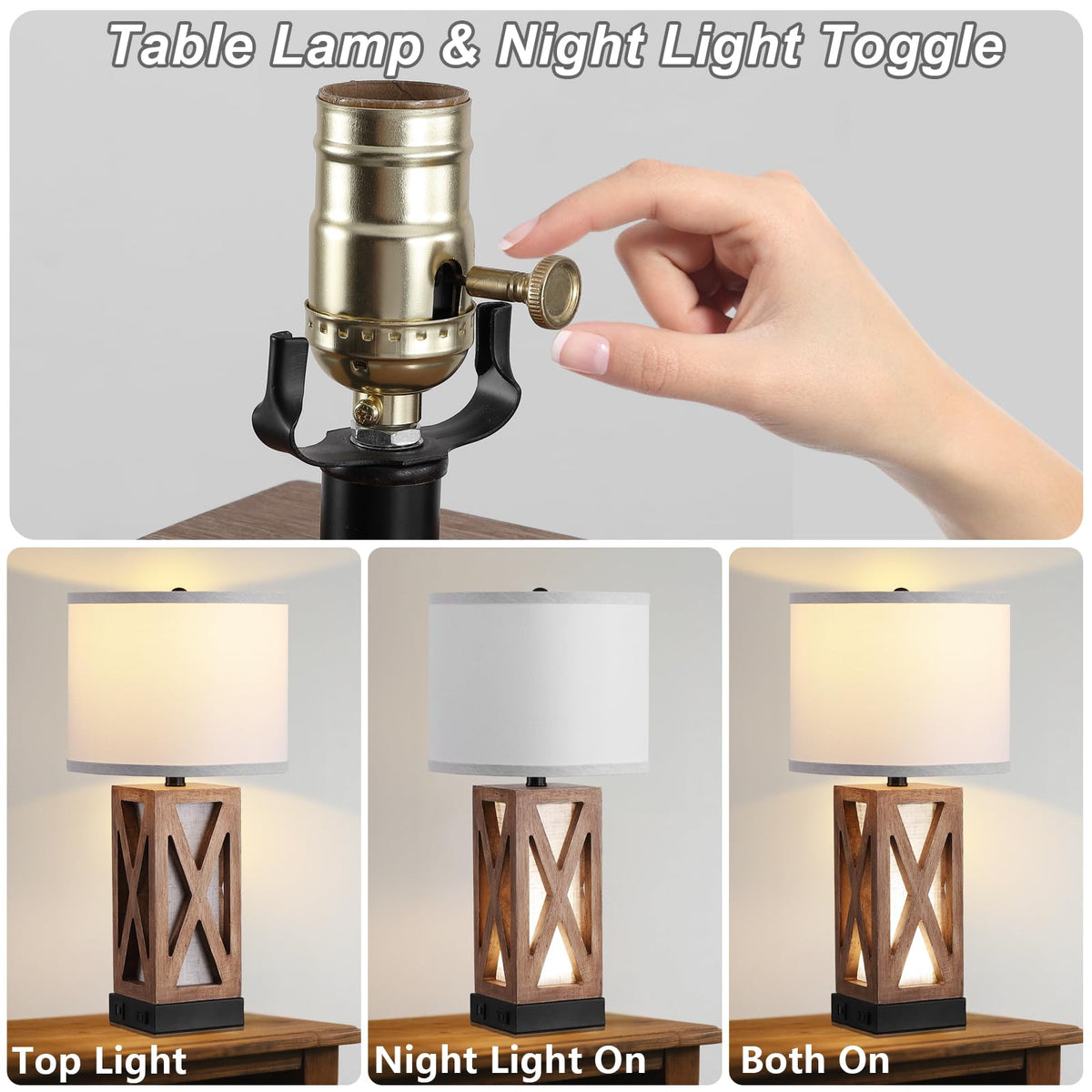 YJSQOEOE Wood Table Lamp with 3 Color Temperatures, Nightstand Table Lamp with AC Outlet, USB A & C Charging Port, Bedside Lamp for Living Room, Bedroom, Office Reading, Burlywood