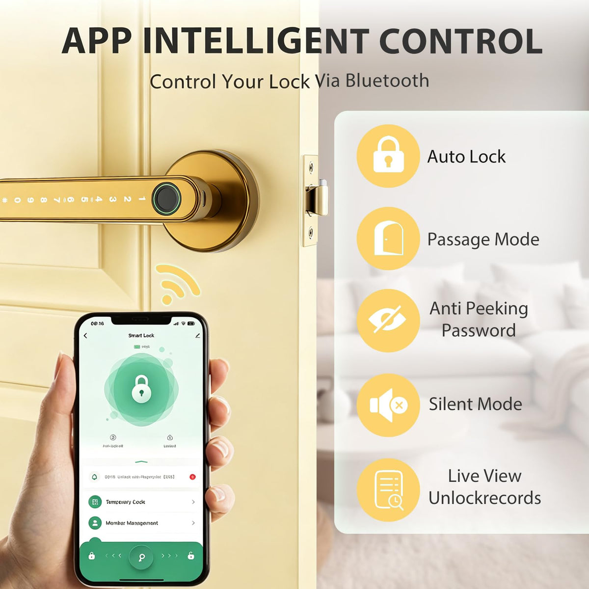 Smart Fingerprint Door Lock Keyless Entry Door Lock for Front Door -Gold