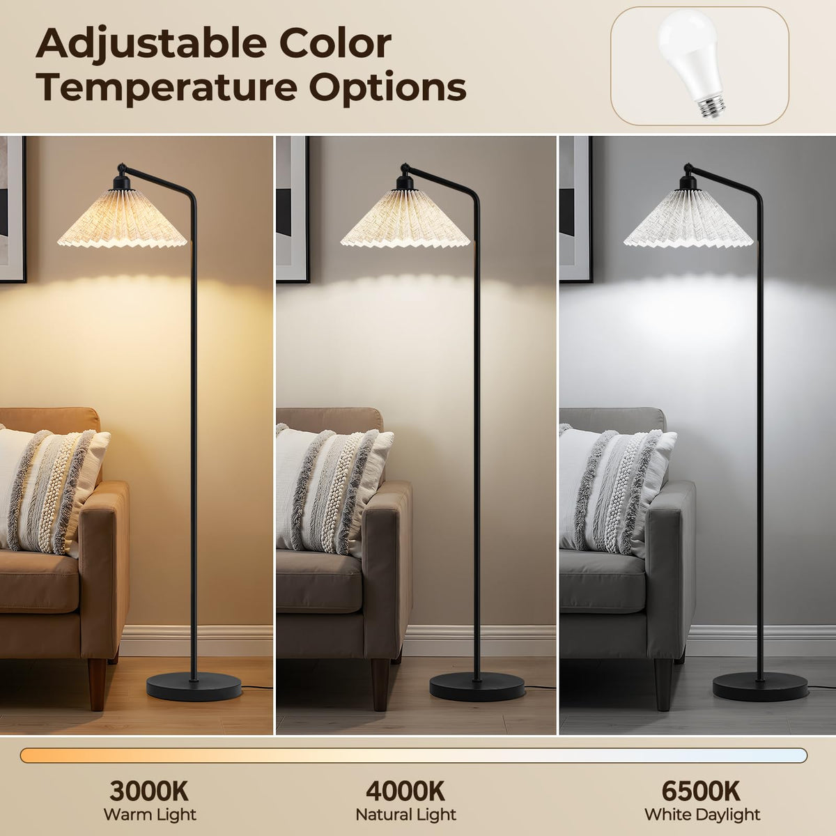 Floor Lamps for Living Room & Bedroom, 63" Modern Tall Standing Lamp, 3CCT