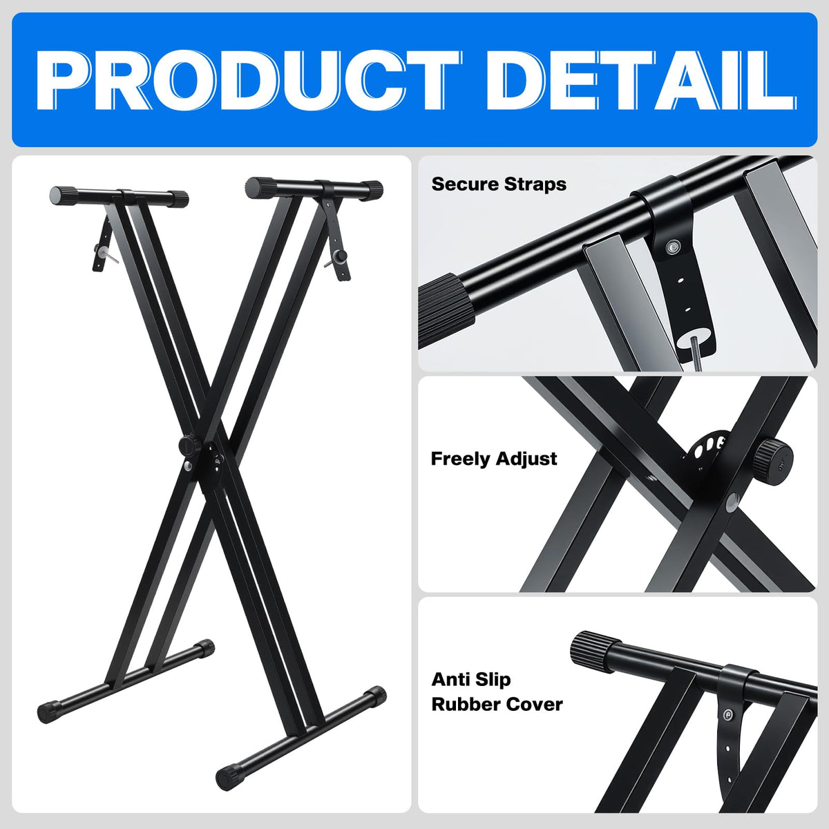 Double-X Keyboard Stand,7 Adjustable Heights Piano Stand with Locking Straps, Heavy Duty Piano Keyboard Stand Fits for 54，61，88 Key Digital Pianos