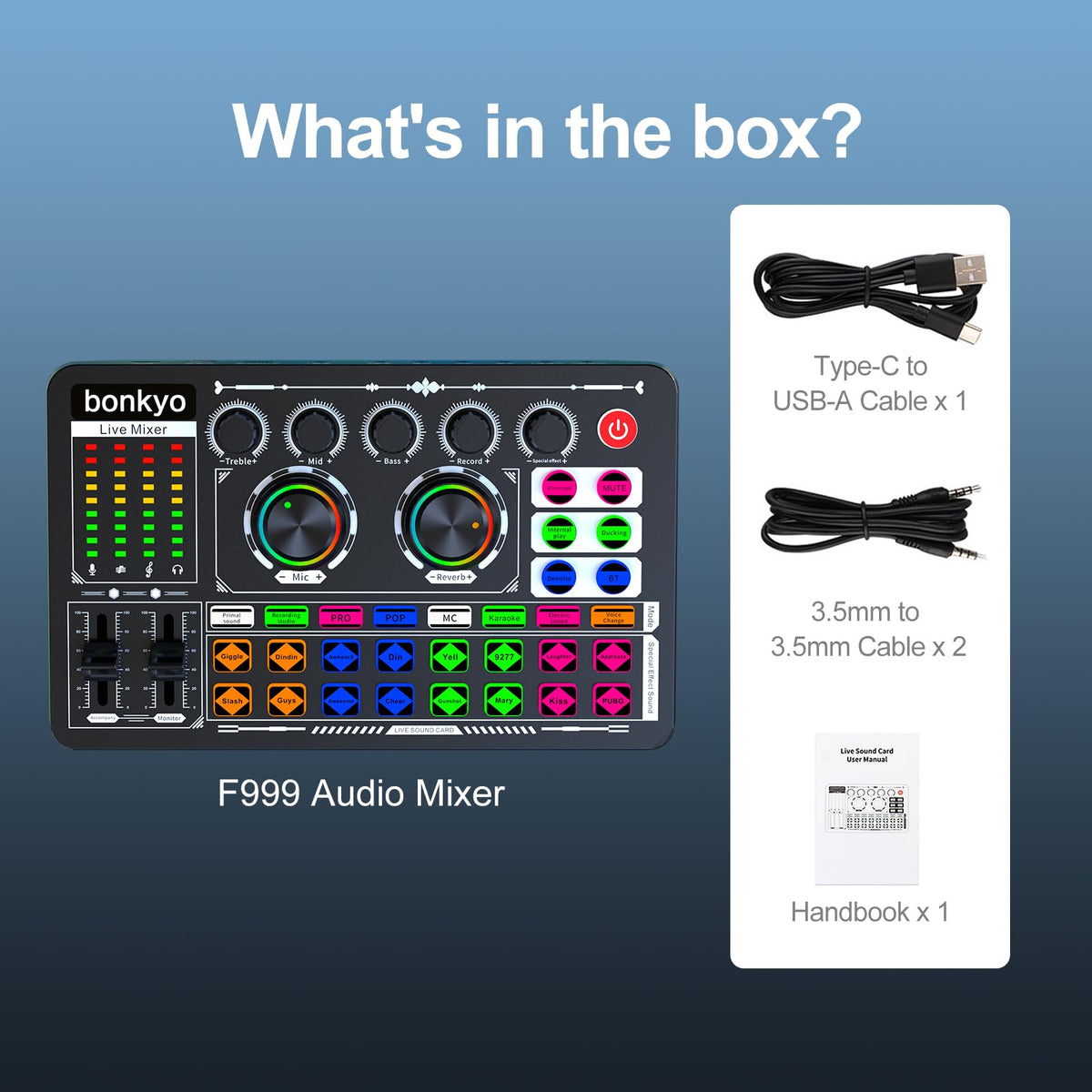 Bonkyo Professional Audio Mixer, F999 Live Sound Card With Dj Mixer For Streaming/Podcasting/Gaming, Professional Studio Equipment