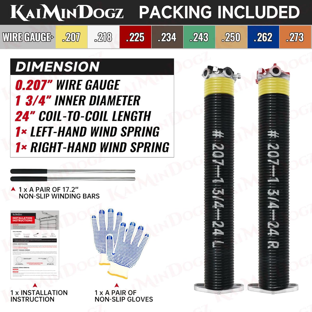 Pair of 1.75" Garage Door Torsion Springs Set with Non-Slip Winding Bars&Gloves, High Precision Electrophoresis Oil-Free Black Coated for Replacement, MIN 16,000 Cycles (0.207 x 1.75"x 24")
