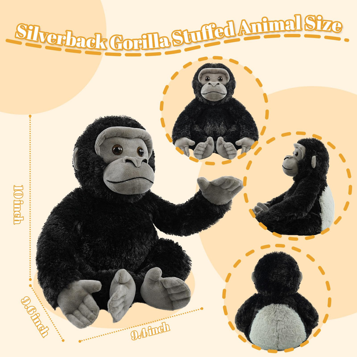 JUSTQUNSEEN 10" Sitting Silverback Gorilla Stuffed Animal - Soft Realistic Plush Toy Gift for Kids Boys & Girls, Gorilla Toys for Playtime Adventures & Birthday Gifts (Black)