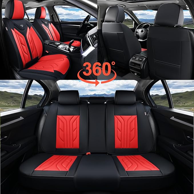 Coverado Seat Covers, Car Seat Covers Front Seats, Leather Seat Covers for Cars, Automotive Seat Covers Car Seat Protector Car Seat Cushion Universal Fit for Most Sedans SUV Pick-up Truck(Black&Red)
