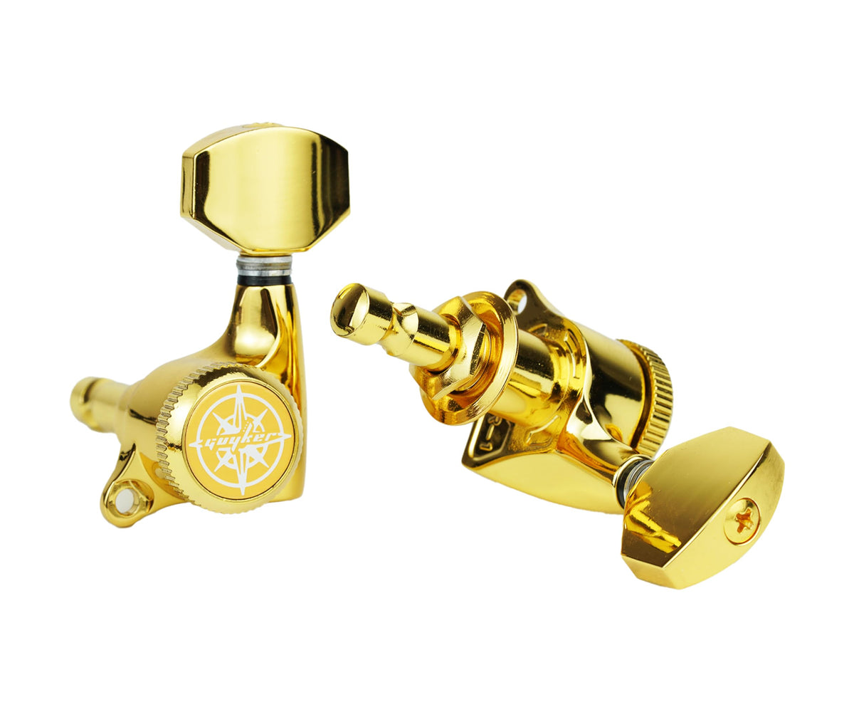 Guyker 6Pcs Guitar Locking Tuners (3L + 3R Handed) - 1:18 Ratio Lock String Tuning Key Pegs Machine Heads with Hexagonal Handle Replacement for LP SG Style Electric, Folk or Acoustic Guitars- Gold