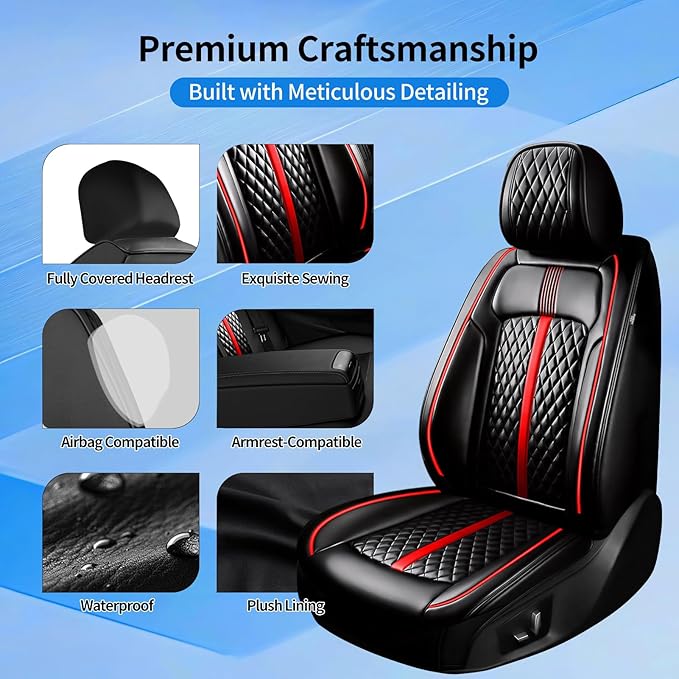 Fit Ridgeline Car Seat Covers for Select Honda Ridgeline 2007-2026 - Premium Full Coverage Leather, Airbag Compatible, Waterproof All Weather Seat Cushion Protector, Full Set, Red Trim