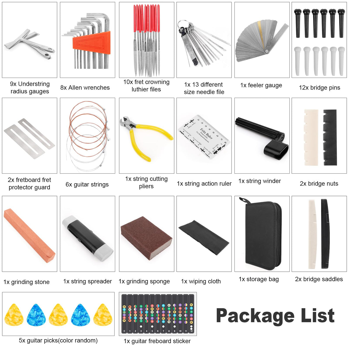 72PCS Guitar Tool Kit Repair Maintenance Accessories Guitar Parts Set with Carry Bag Guitar Care For Electric Acoustic Guitar Ukulele Bass Banjo