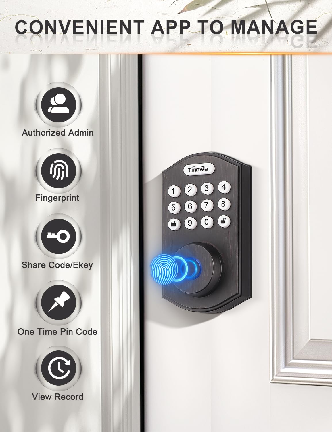 Tinewa Smart Locks for Front Door - Oil Rubbed Bronze Keyless Entry Door Lock Deadbolt, Electronic Digital Keypad Deadbolt with Fingerprint, APP Control, Easy Installation, Home Security
