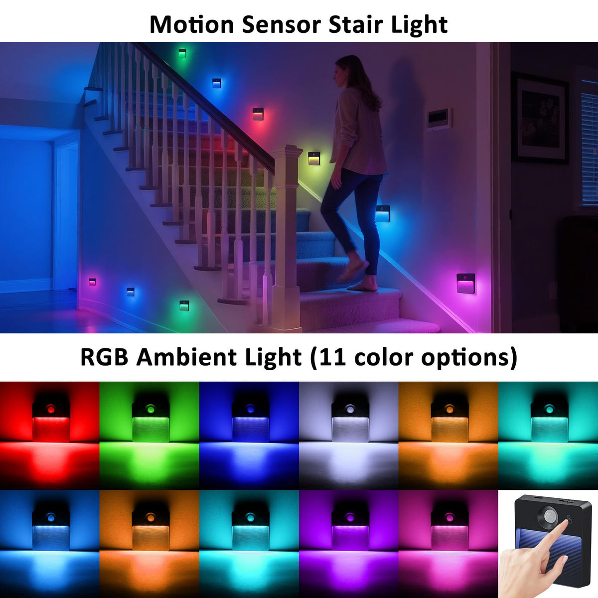 Guankai 3 Pack Motion Sensor Stair Light for Indoor, Rechargeable Battery Operated Night Lights, RGBW Stick On Closet Lamp, Motion Activated Magnetic Lighting Lamps for Step, Cabinet,Hallway,Bathroom