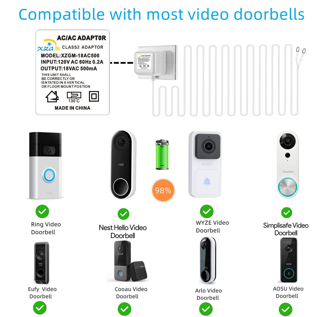 XZGm 18V 500mA Transformer for Ring Nest Eufy Wyze Arlo Video Doorbell