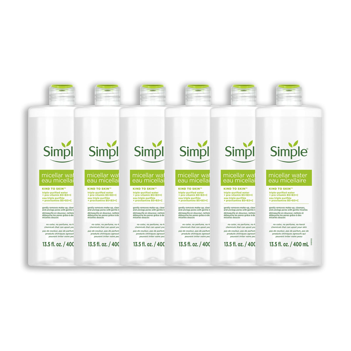 Simple Kind To Skin Micellar Water - Makeup Remover and Facial Cleanser - Face Cleanser with Pro-Vitamin B5, B3 and C - Vegan, No Perfumes - 6 pc