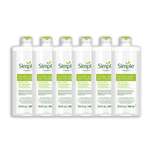 Simple Kind To Skin Micellar Water - Makeup Remover and Facial Cleanser - Face Cleanser with Pro-Vitamin B5, B3 and C - Vegan, No Perfumes - 6 pc
