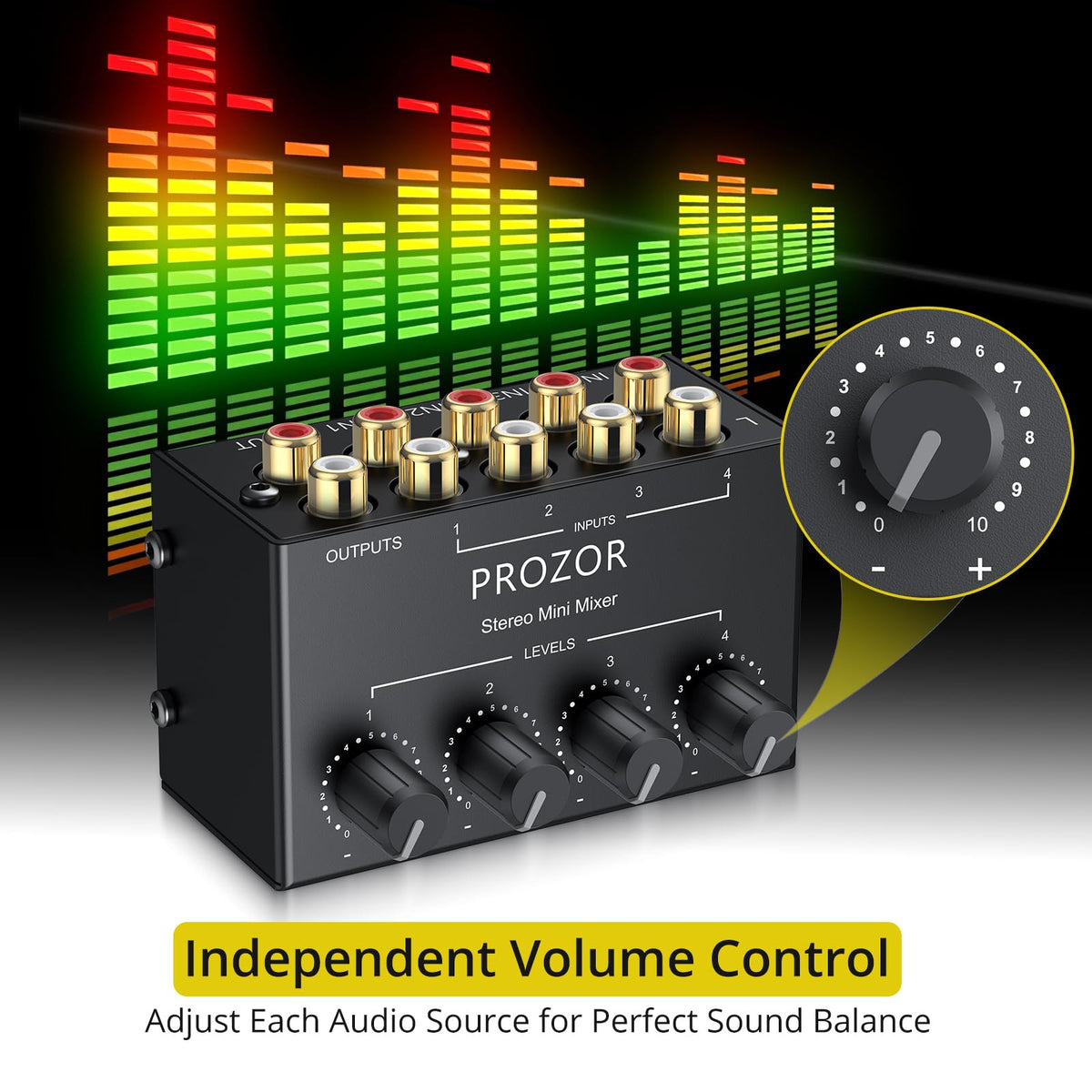 PROZOR 4-Channel Stereo Audio Mixer, RCA Input Independent Volume Controls