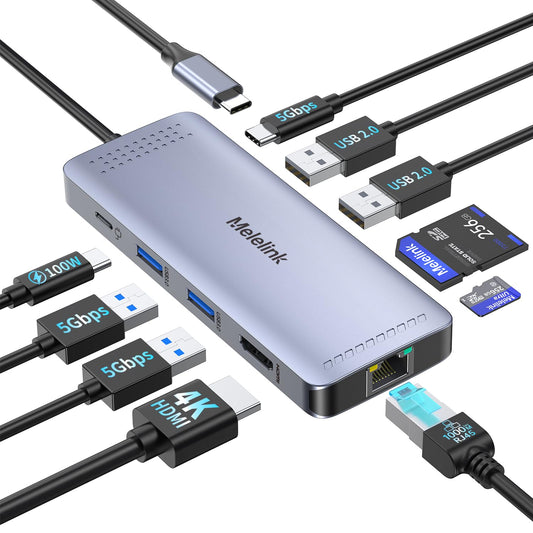 Melelink USB C Hub Ethernet, 10 in 1 USB-C to HDMI Adapter 4K@60Hz with Gigabit Ethernet, 100W PD, USB-A&C Data Ports and SD/TF Slot, USBC Dock MultiPort Dongle for MacBook, Dell, HP, Lenovo, etc