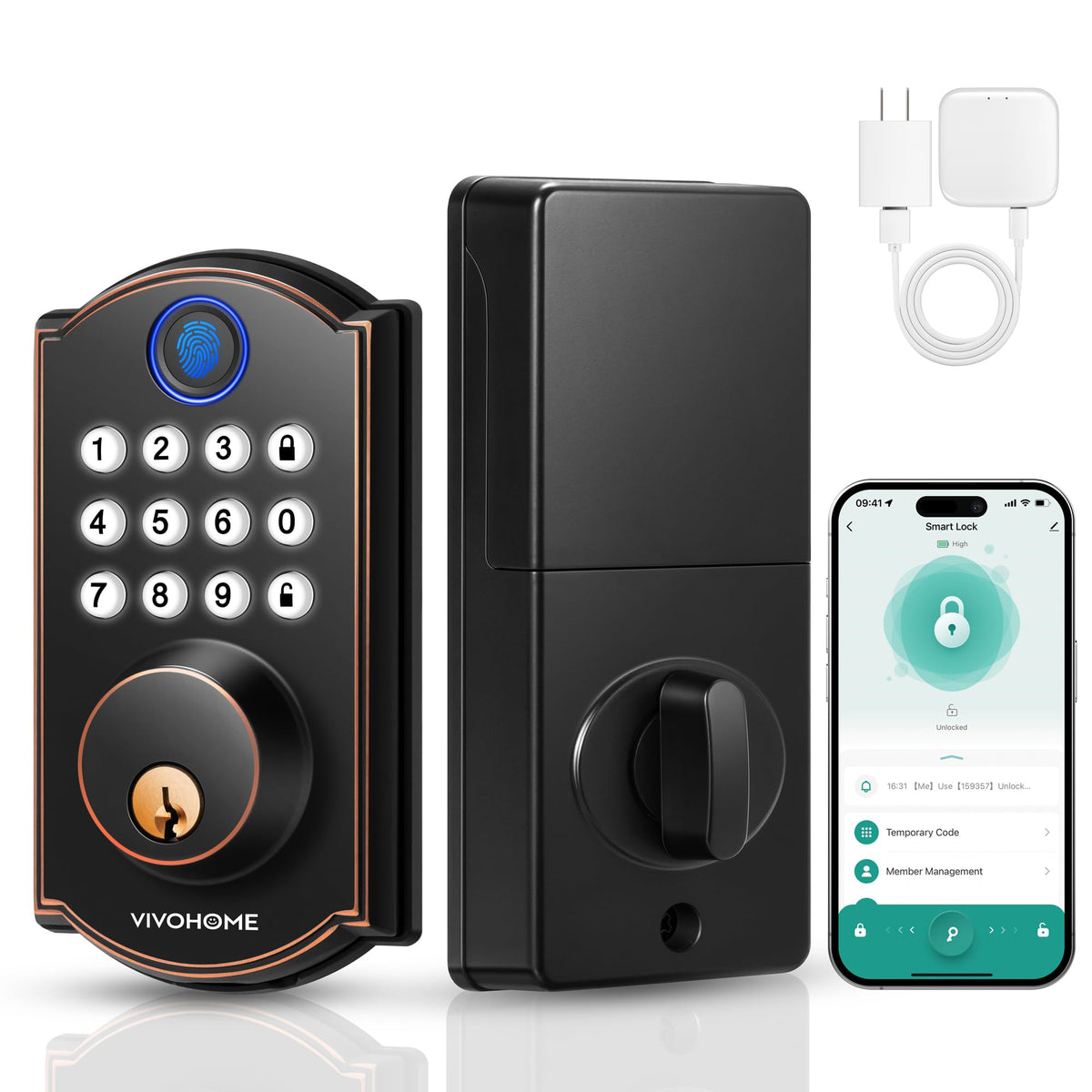 VIVOHOME Smart Lock for Front Door with Gateway, Keyless Entry Door Lock with Fingerprint, WiFi App Remote Control, Electronic Keypad Deadbolt with User Management