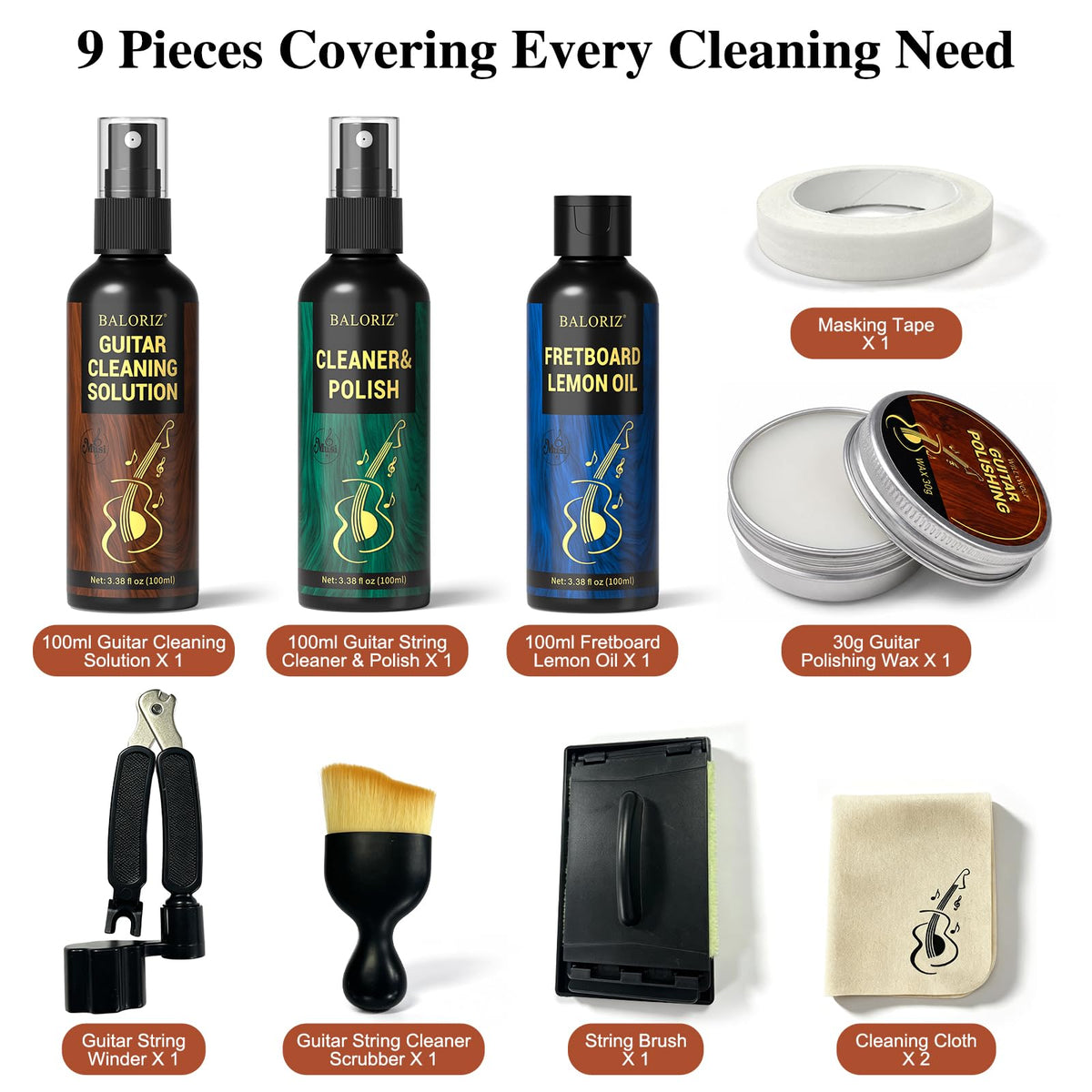 9pcs Guitar Cleaning Kit, Complete Guitar Care Kit with Guitar Cleaner, Fretboard Oil, String Cleaner & Polish, Polish Wax, All-in-One Guitar Maintenance Kit for Acoustic, Electric & Bass Guitars