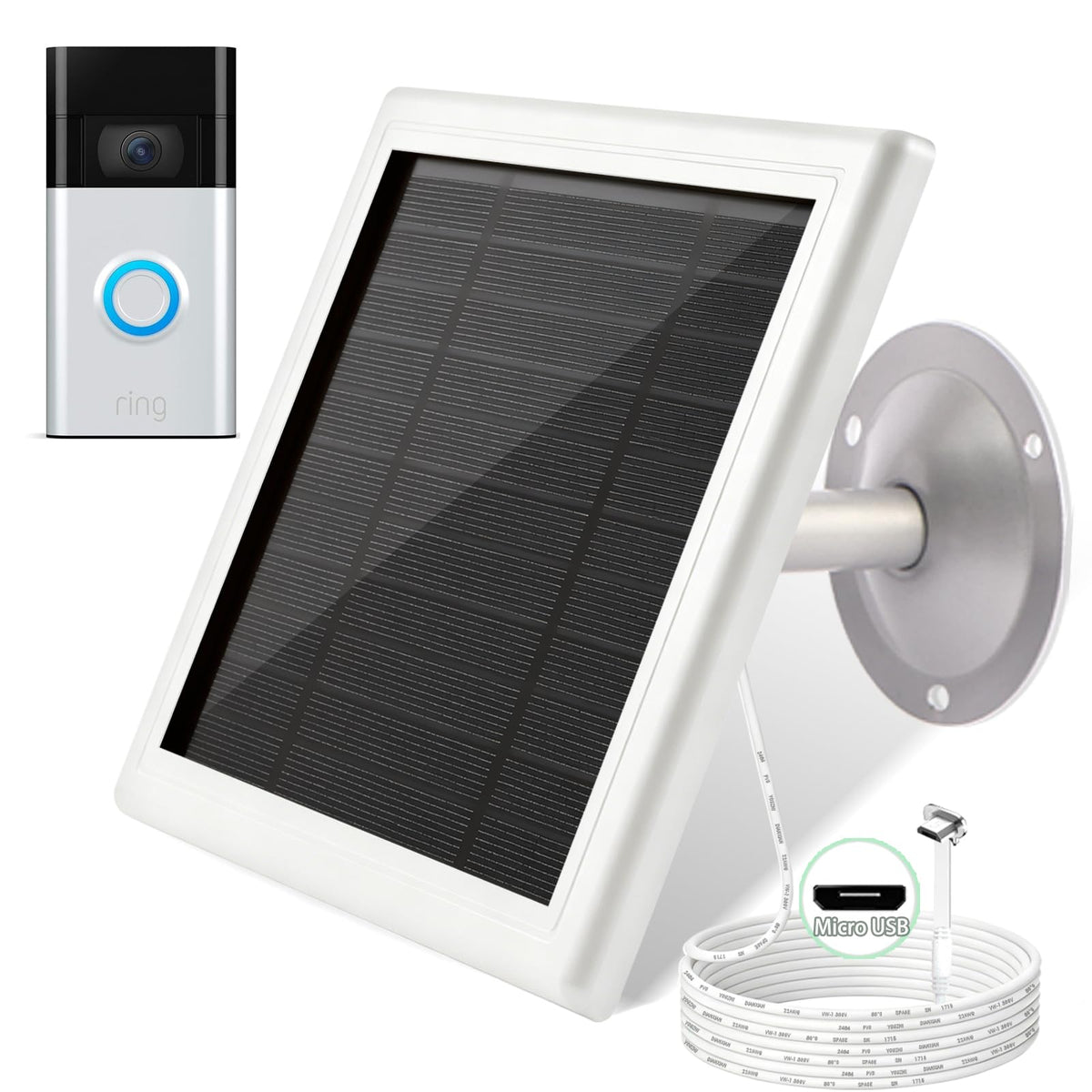 5W/5V Solar Panel for Ring Video Doorbell (2nd Gen - 2020 Release), Solar Charger for Ring Video Doorbell With Micro-USB Port, IP65 Waterproof, 360° Adjustable Stainless Steel Mount, 16.4ft Cable
