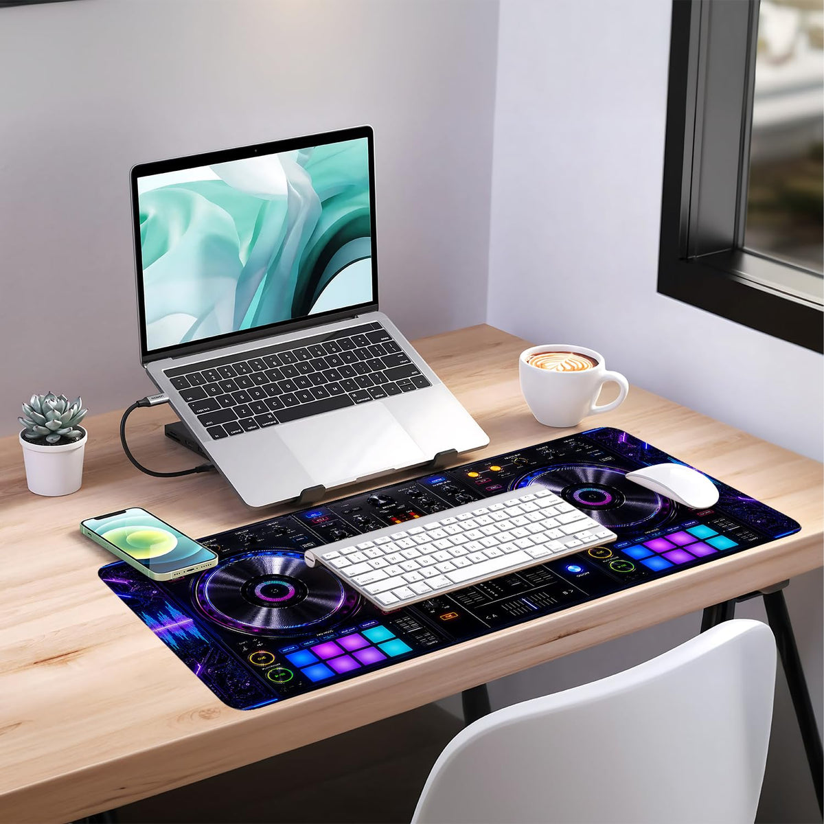 DJ Controller Gaming Mouse Pad 35.4 x 15.7 inch, Neon Music Mixer Desk Mat