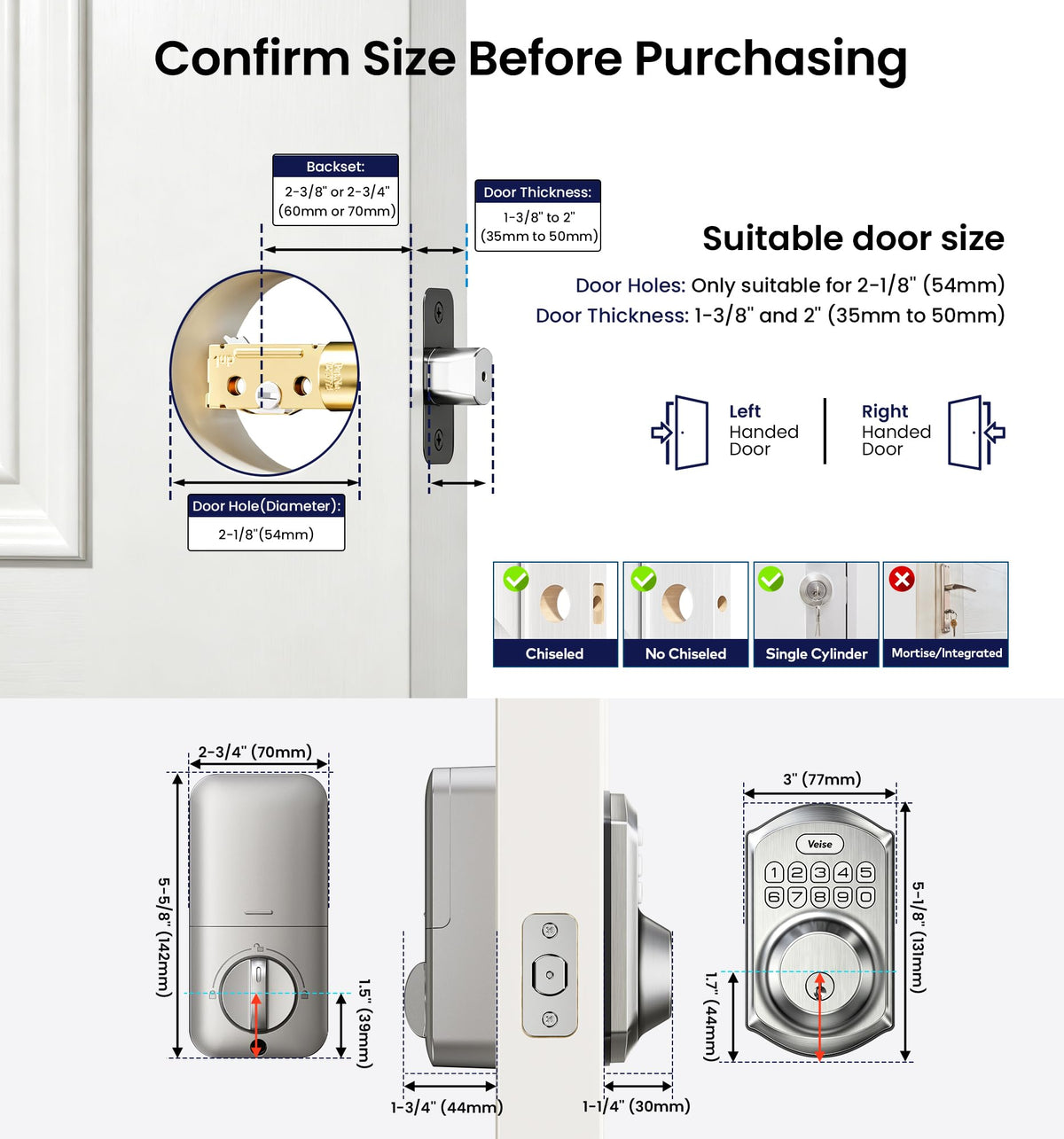 Veise VE001 Keyless Entry Deadbolt, Electronic Keypad Lock, Satin Nickel