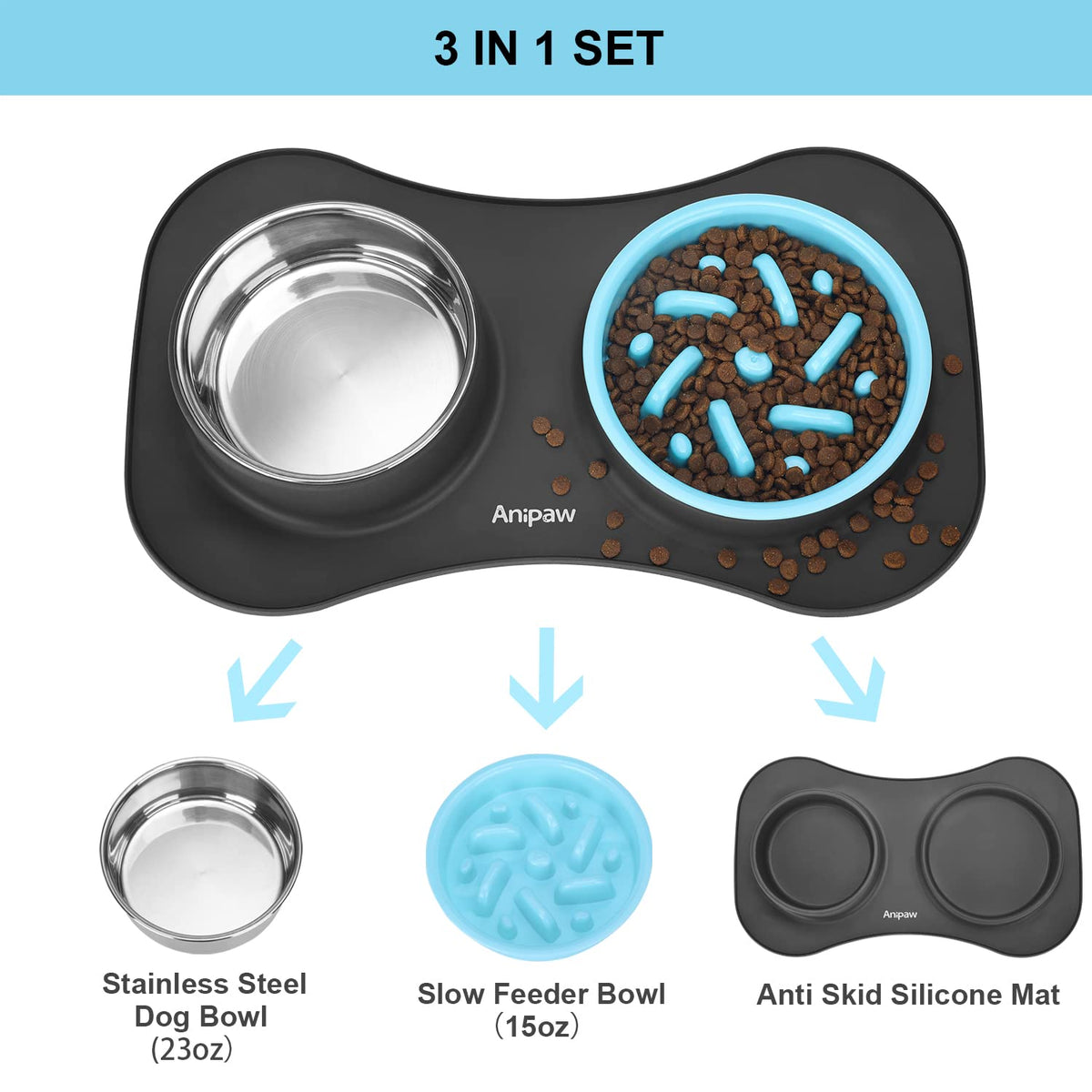 Slow Feeder Dog Bowls 3 in 1 Stainless Steel Food Water Bowl to Slow Eating