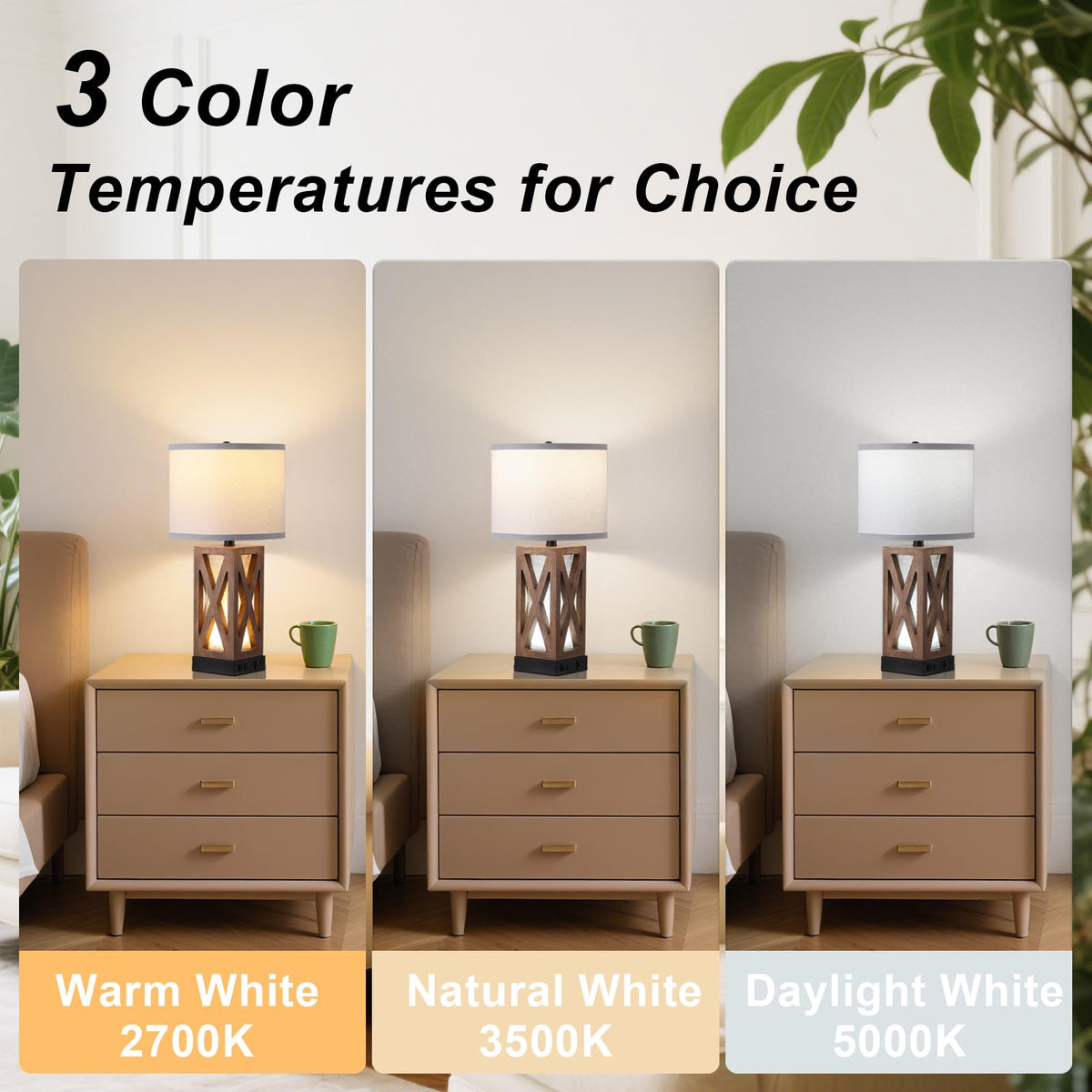YJSQOEOE Wood Table Lamp with 3 Color Temperatures, Nightstand Table Lamp with AC Outlet, USB A & C Charging Port, Bedside Lamp for Living Room, Bedroom, Office Reading, Burlywood