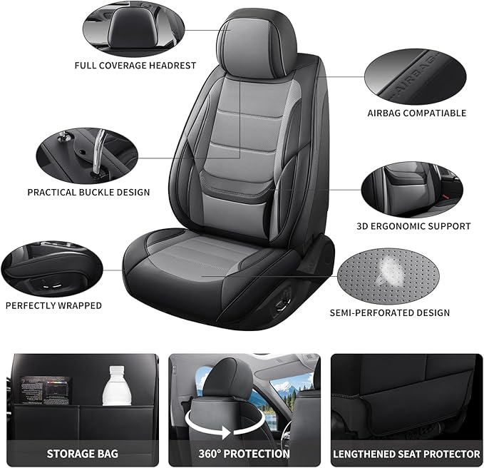 Car Seat Covers Full Set Custom Fit for Chevrolet/Chevy Equinox 2005-2026 - Premium Faux Leather with Lumbar Support, Breathable, Waterproof, Anti-Slip, Durable, Easy to Install (Black&Gray,Full Set)