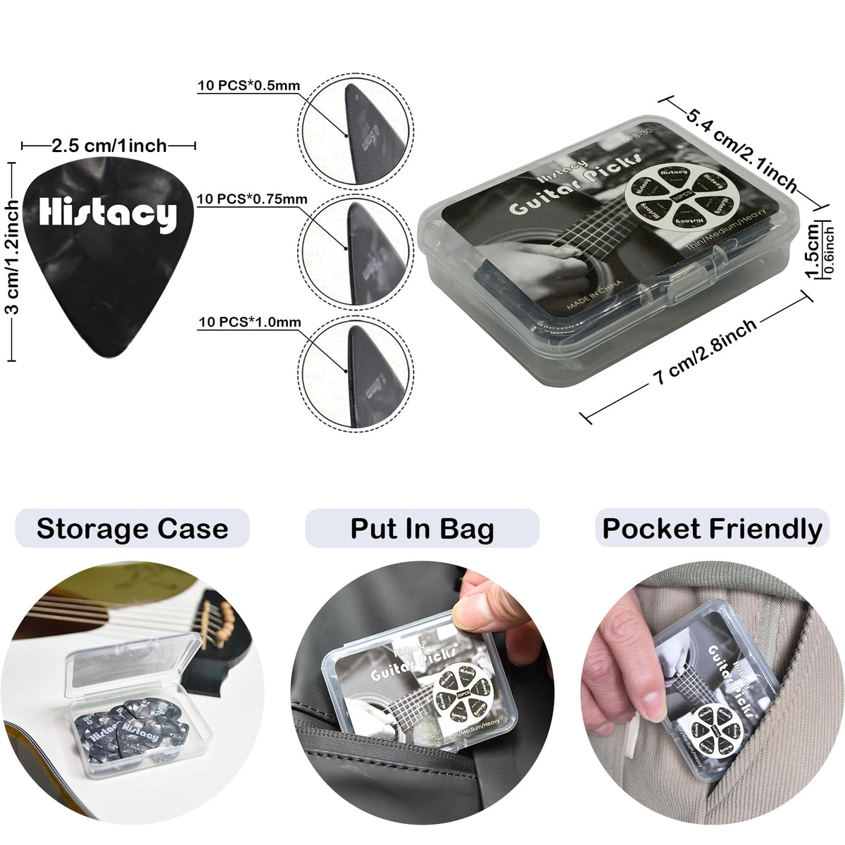 Histacy All Black Guitar Accessories Kit: Clip-On Tuner, 3-in-1 Capo, 30 Picks & Storage for Acoustic, Electric Guitar, Bass & Ukulele, All-in-One Perfect Guitar Gift Set for Men & Beginners & Pros