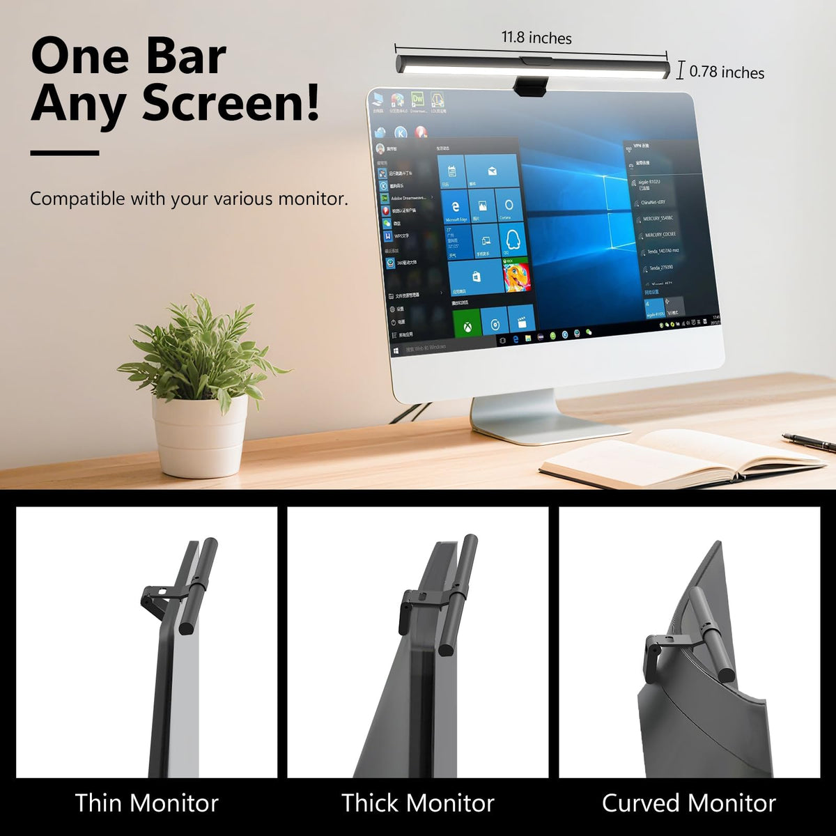 Samphon Monitor Light Bar, Eye-Care USB Reading Mnitor lamp, 11.8'' LED Computer Lights with Ultrawide Lighting, 3 Color Temperature Dimmable Desk Light for Home Office Gaming
