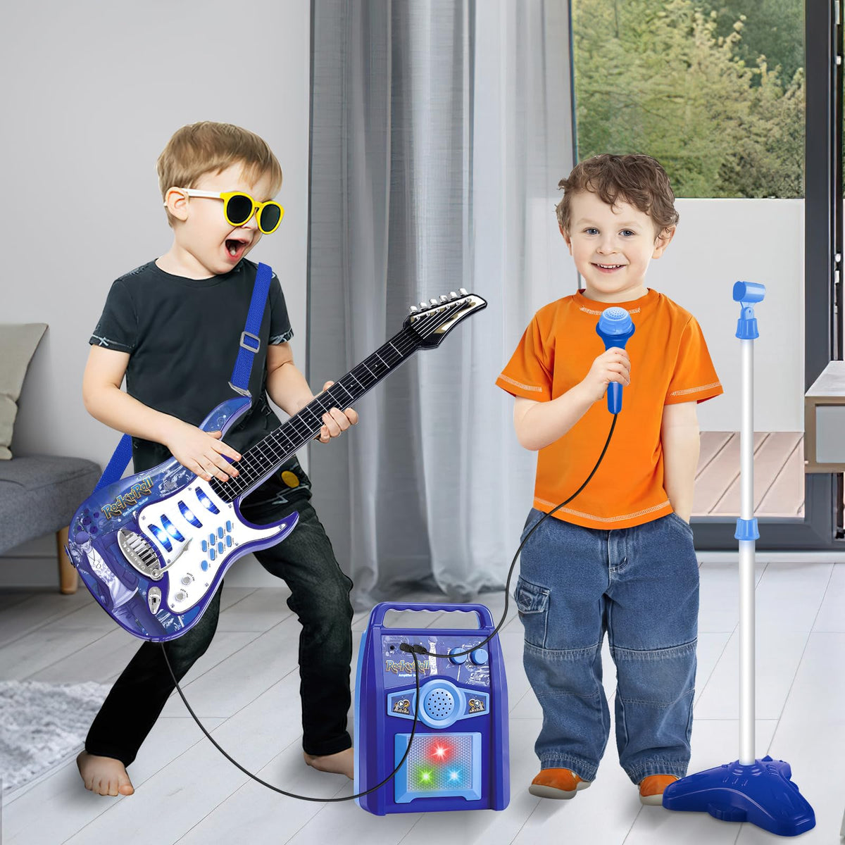 deAO Musical Guitar Play Set,Adjustable Height Microphone,Amplifier Set with Stand,Music Light Karaoke Music Toys Birthday for Kids Boys Girls