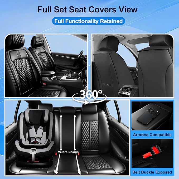 Fit Civic Car Seat Covers (Front Pair) for Select Honda Civic 2020-2026 Sedan(Not for Coupe) - Full Coverage Leather, Waterproof & All Weather Breathable Seat Cushion Protector, Black
