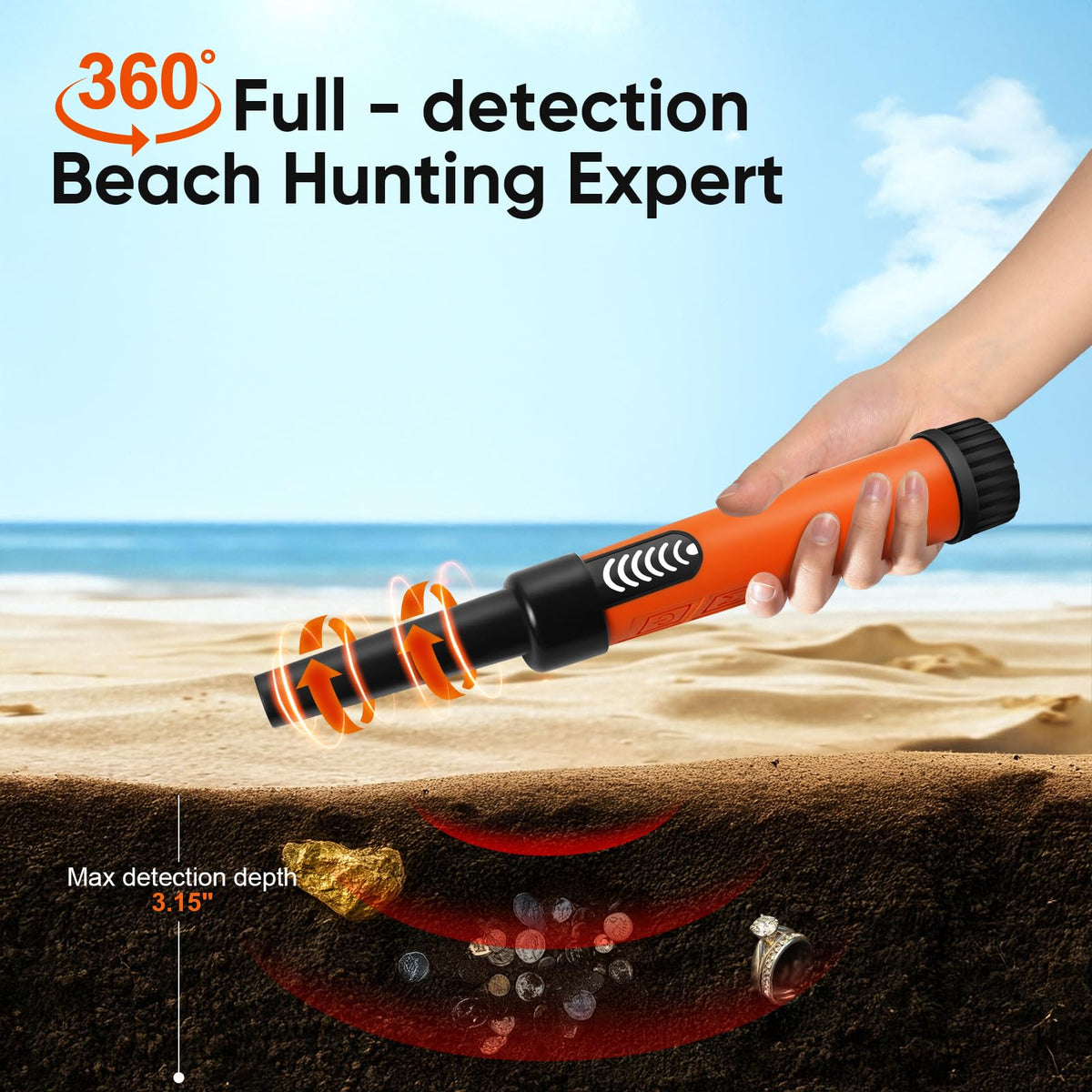 DetectTrek Metal Detector Pinpointer for Adults Professional, Fully Waterproof Underwater Metal Detector Wand Handheld Pin Pointer with LCD Display & LED Light, 360 High Accuracy Detection, MD-880