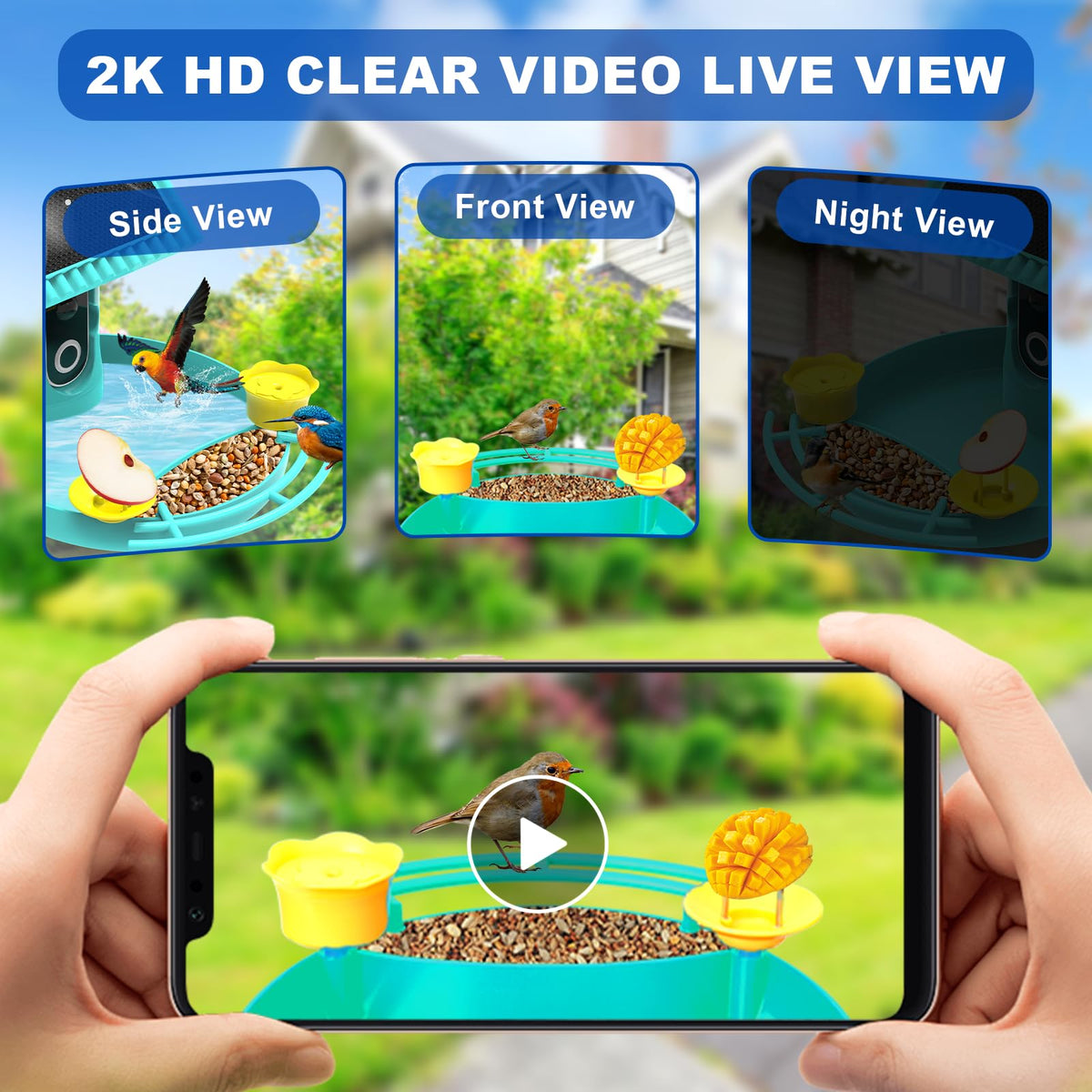 Bird Feeder with Camera - 4K HD Live View, Smart Bird Feeder Solar Powered, AI Recognition Auto Capture Video, 3-in-1 Feeding & Bathing & Hummingbird, Outdoor Garden Bird House (Blue)
