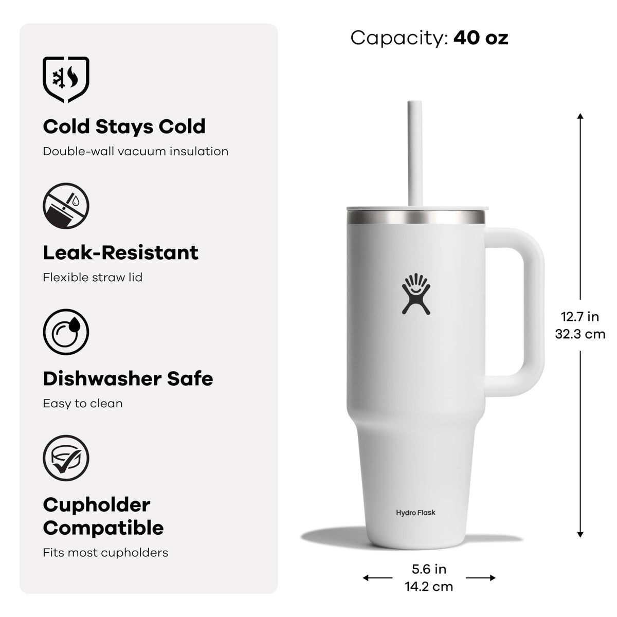 Hydro Flask Travel Tumbler with Handle, Lid and Straw - Insulated Stainless Steel in 40 Oz Agave