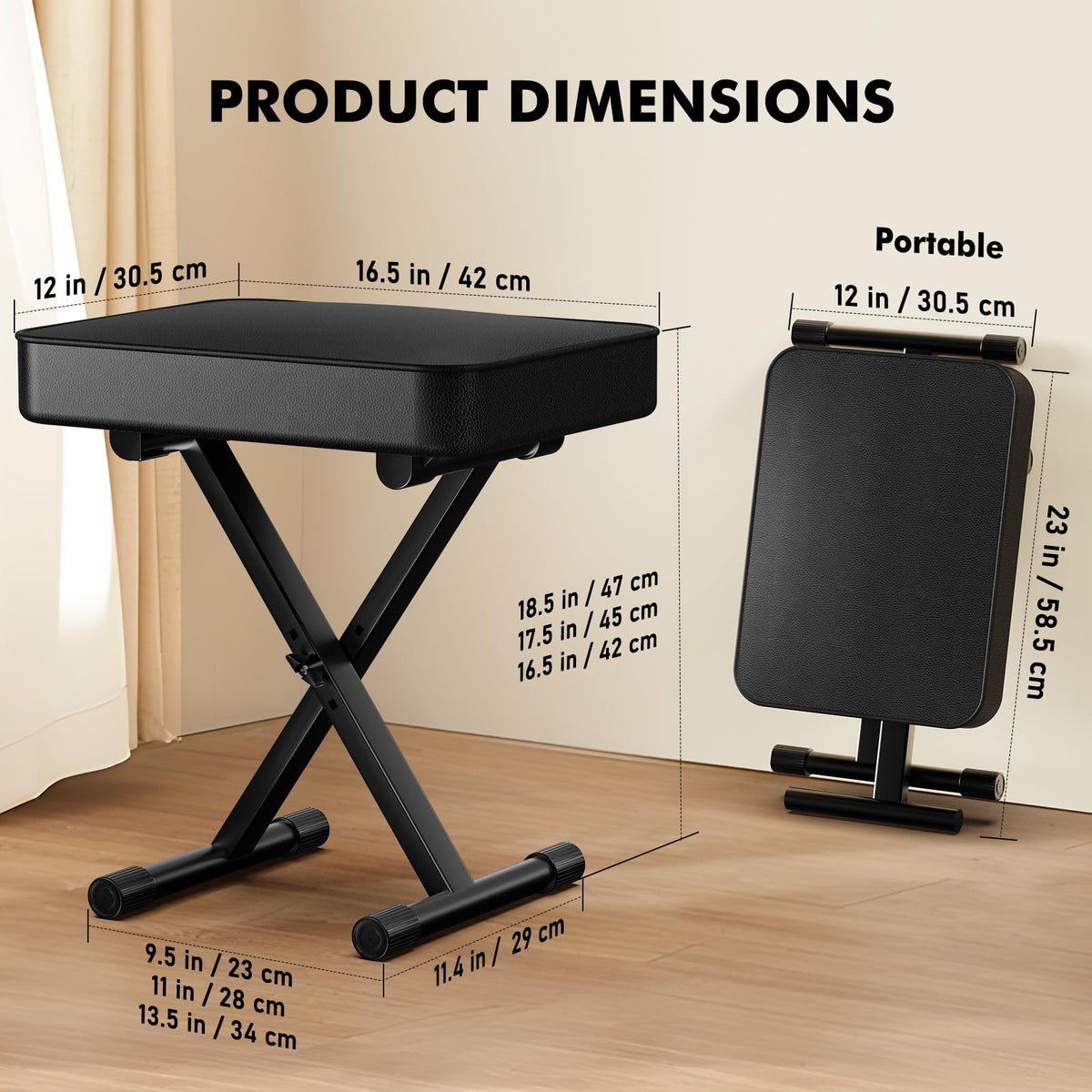 GLEAM Keyboard Stand and Bench Set, Double X Style Digital Piano Stand Height from 19" to 38", Heavy Density Foam Padded Stool from 14" to 18"