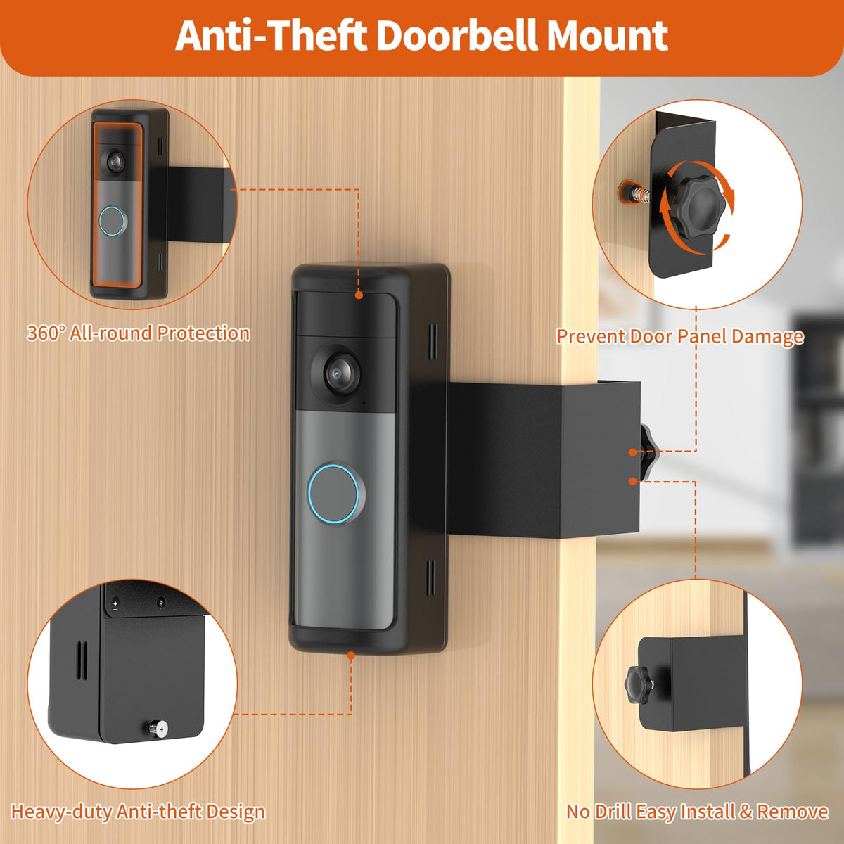 No-Drill Ring/Blink Doorbell Mount with Rain Cover, Anti-Theft Door Bracket Compatible with Battery Doorbell/Plus/Pro(2026 Newest Model), Quick Install Doorbell Camera Holder for Rental Apartment