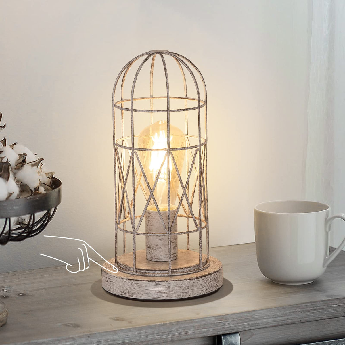 Small Table Lamp, 3-Way Dimmable Bedside Lamp with Brushed White Oak Cage