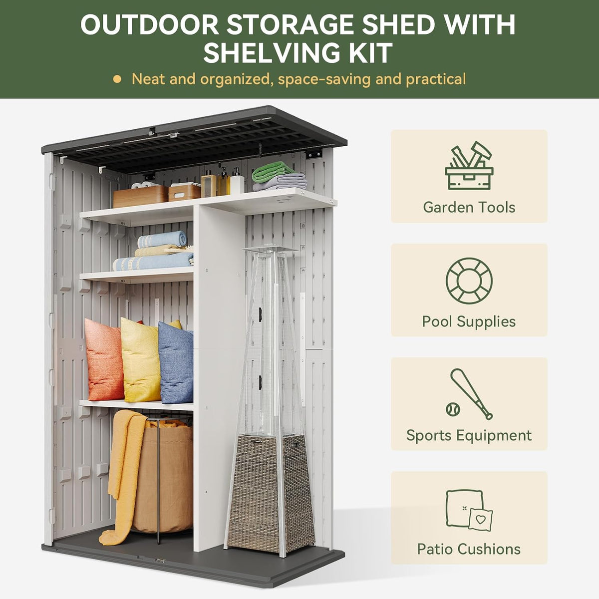 Aoxun Outdoor Resin Storage Shed with Metal Shelving Kit & Floor, 64 Cu.Ft Vertical Waterproof Storage Cabinet for Garage, Pool, Bike, Garden Tools, Patio Furniture (White)