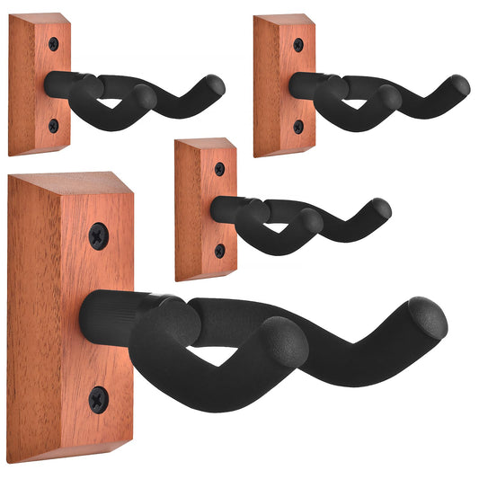 DOMMI Guitar Wall Mount 4 Pack, Guitar Hanger with Rotatable Soft Hook for All Size Guitars, Hardwood U-Shaped Guitar Holder Wall Mount for Acoustic, Electric Guitar, Bass (Mahogany)