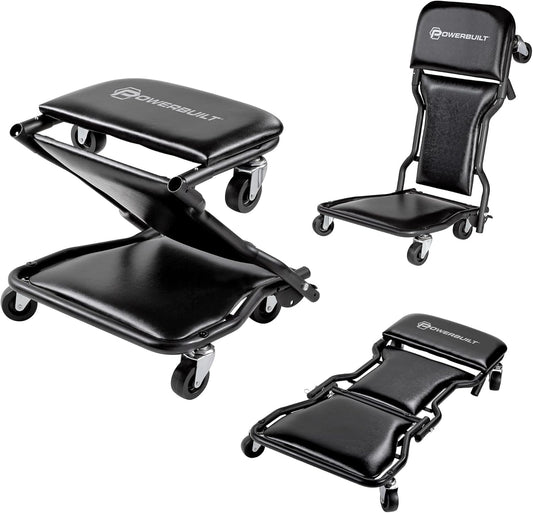Powerbuilt 42-Inch Triplex Folding Creeper, Rolling Seat, and Brake Stool, All-in-One Adjustable Roller Garage Chair, Lay Down or Sit, Black 620469