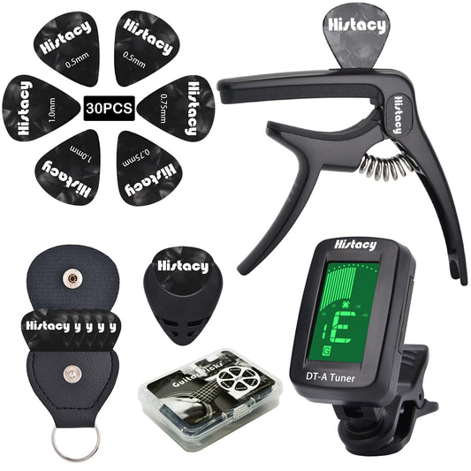 Histacy All Black Guitar Accessories Kit: Clip-On Tuner, 3-in-1 Capo, 30 Picks & Storage for Acoustic, Electric Guitar, Bass & Ukulele, All-in-One Perfect Guitar Gift Set for Men & Beginners & Pros